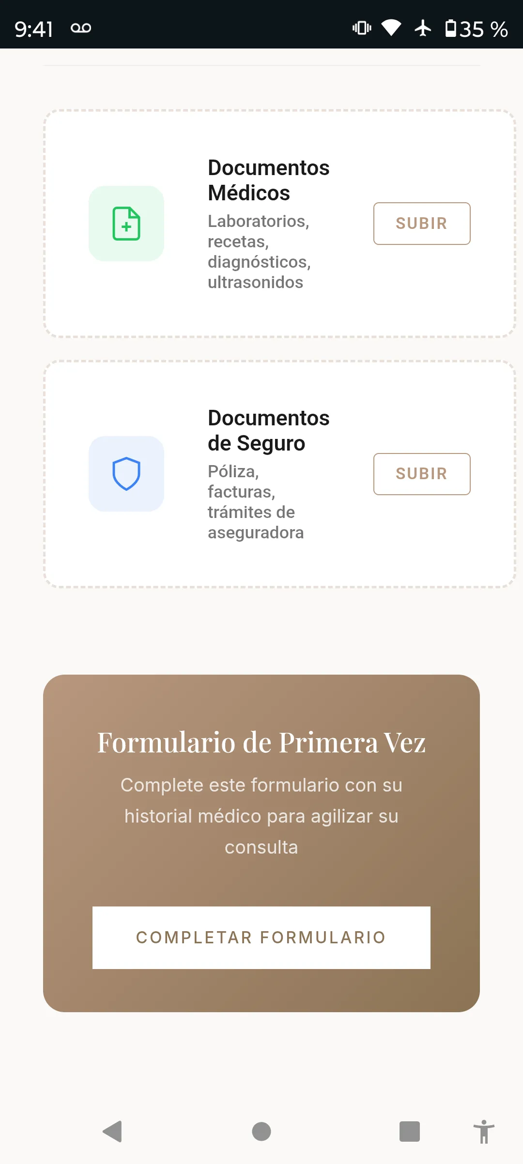 Documentos médicos y formulario primera vez